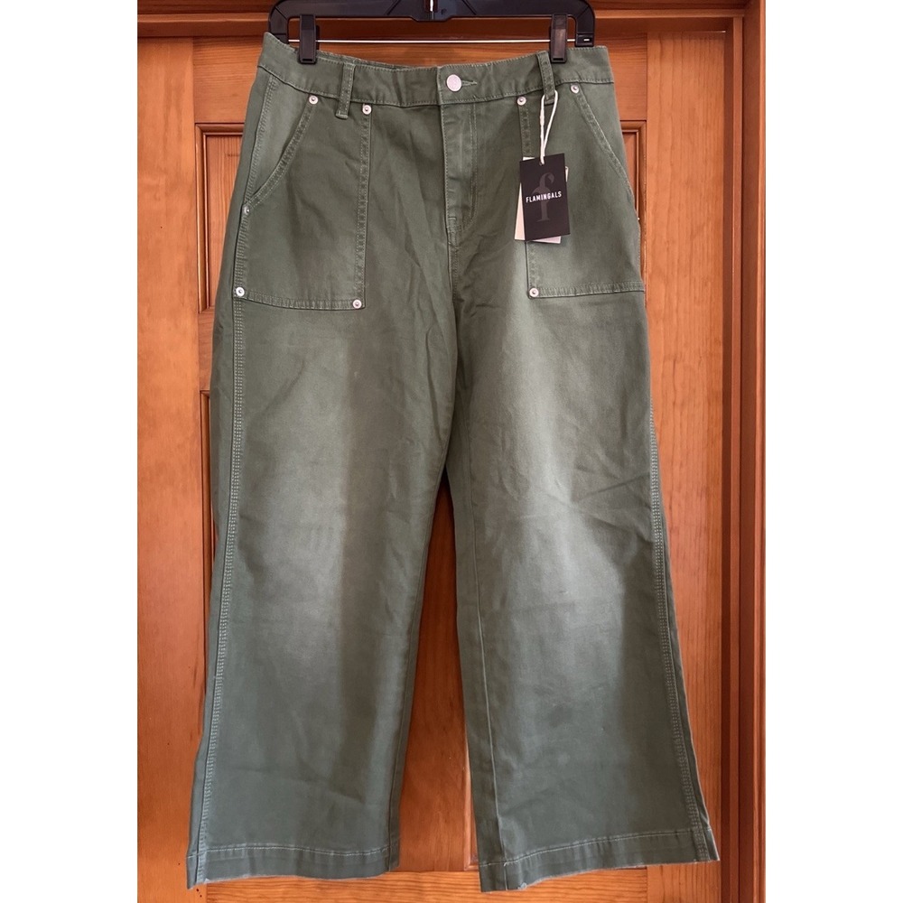 Flamingals Women's Green Wide Leg Utility Cargo Pants Sz Large
